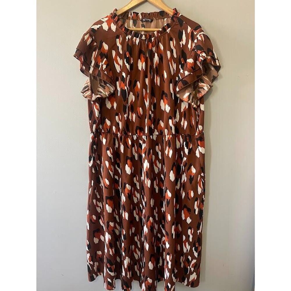 Bloom Chic Plus Size 26 Dress Brown Animal Print High Neck Ruffles